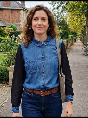 Denim Colour Button-Down Women's Shirt w/ Sheer Sleeves.  Lightweight Summer XL